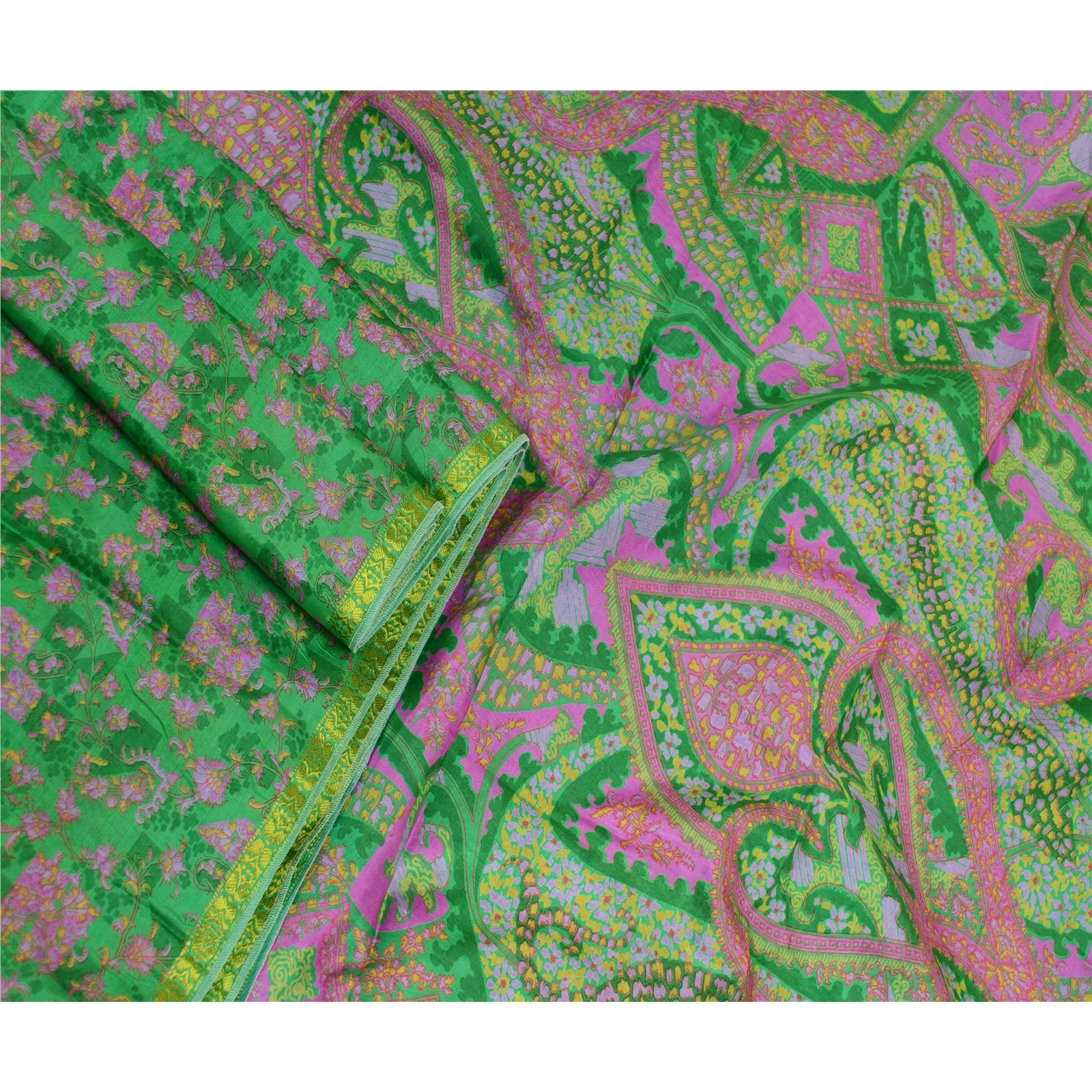 Sanskriti Vintage Green Sarees 100% Pure Silk Printed Sari Floral Craft Fabric, PR-59037-Green-Printed Floral Design-Pure Silk-1