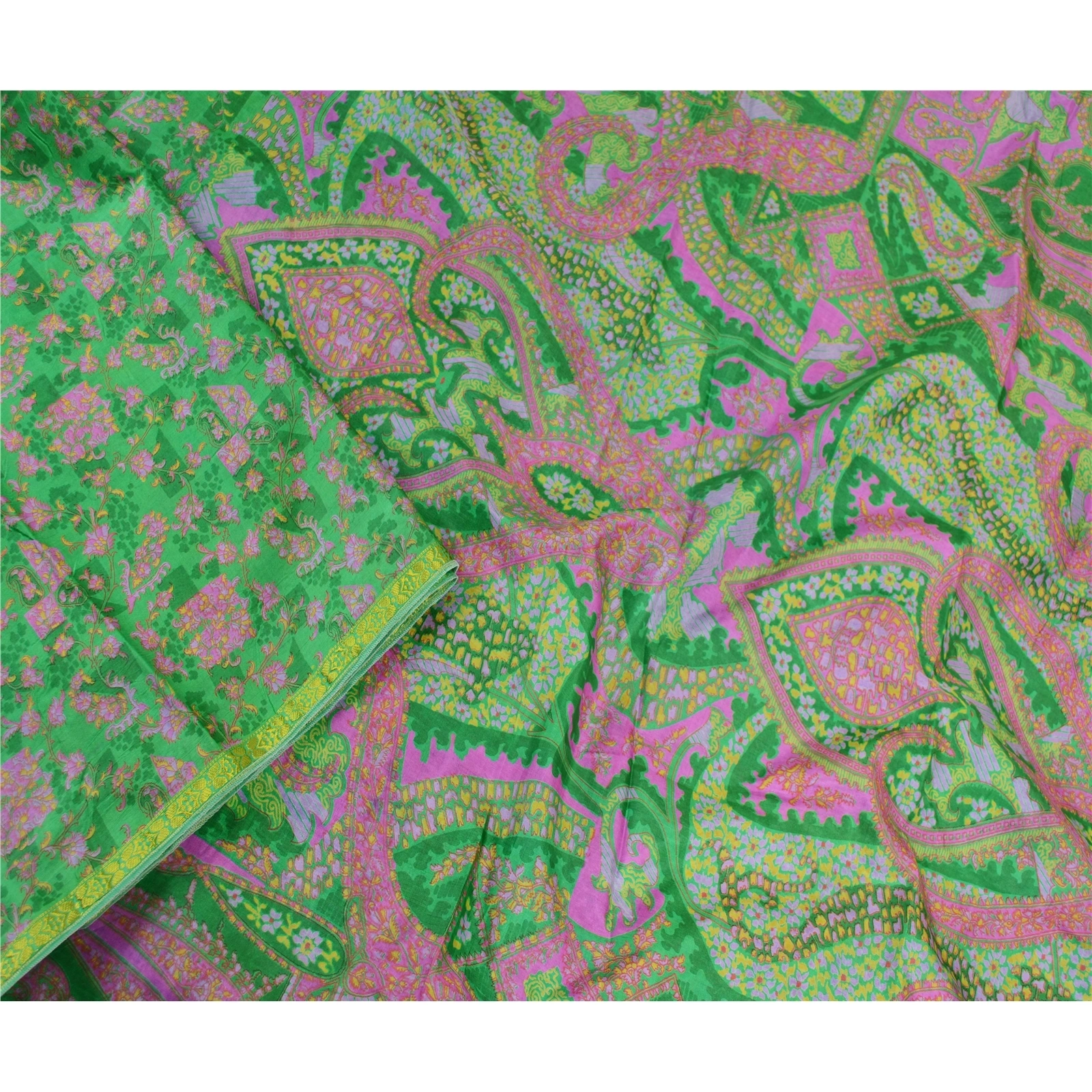 Sanskriti Vintage Green Sarees 100% Pure Silk Printed Sari Floral Craft Fabric, PR-59037-Green-Printed Floral Design-Pure Silk-2