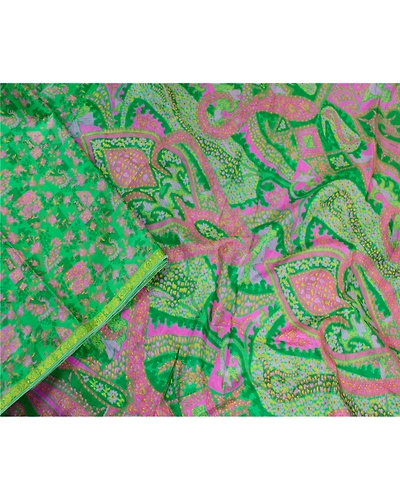 Sanskriti Vintage Green Sarees 100% Pure Silk Printed Sari Floral Craft Fabric, PR-59037-Green-Printed Floral Design-Pure Silk-2
