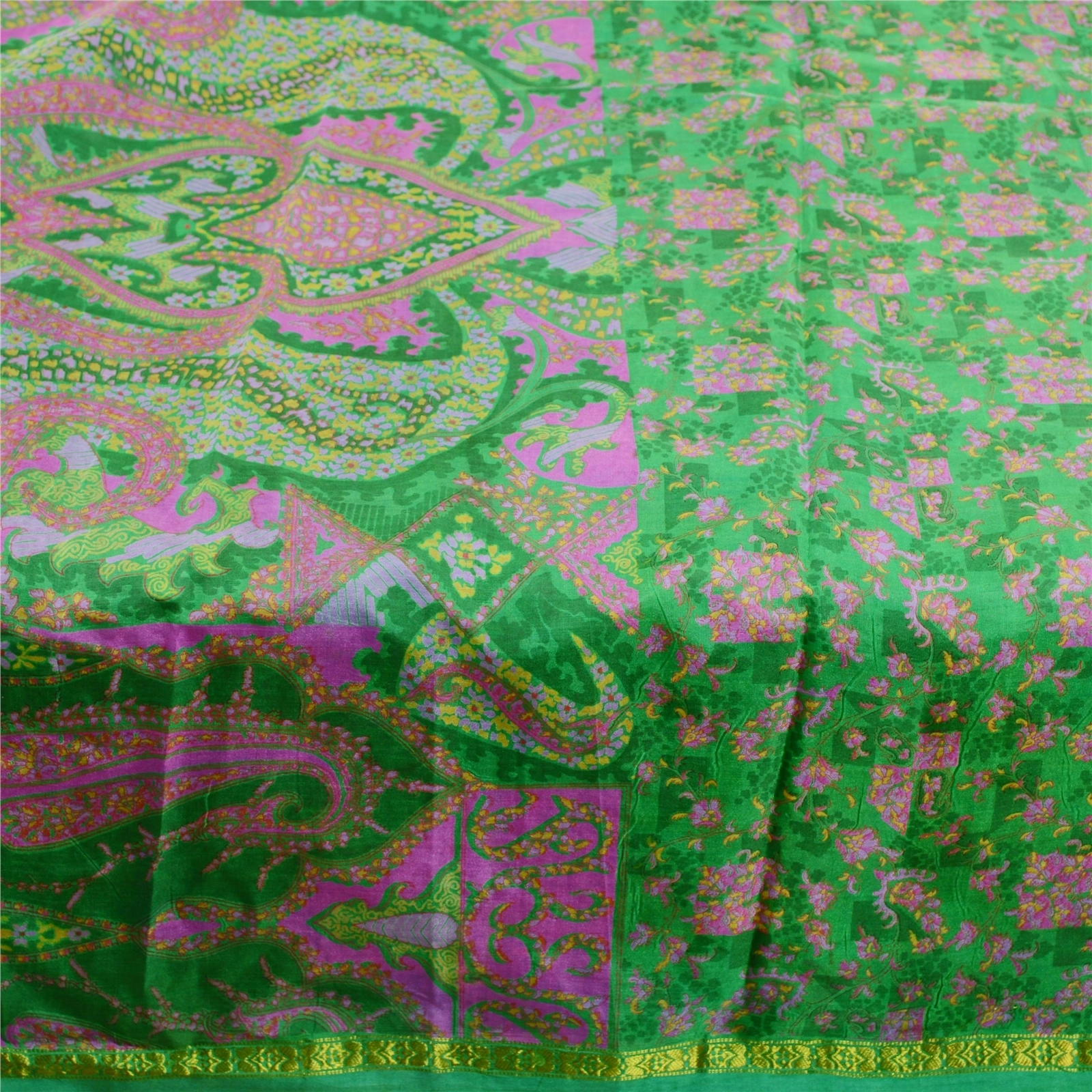 Sanskriti Vintage Green Sarees 100% Pure Silk Printed Sari Floral Craft Fabric, PR-59037-Green-Printed Floral Design-Pure Silk-3