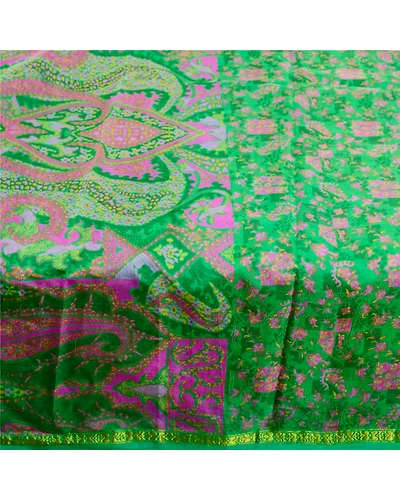 Sanskriti Vintage Green Sarees 100% Pure Silk Printed Sari Floral Craft Fabric, PR-59037-Green-Printed Floral Design-Pure Silk-3