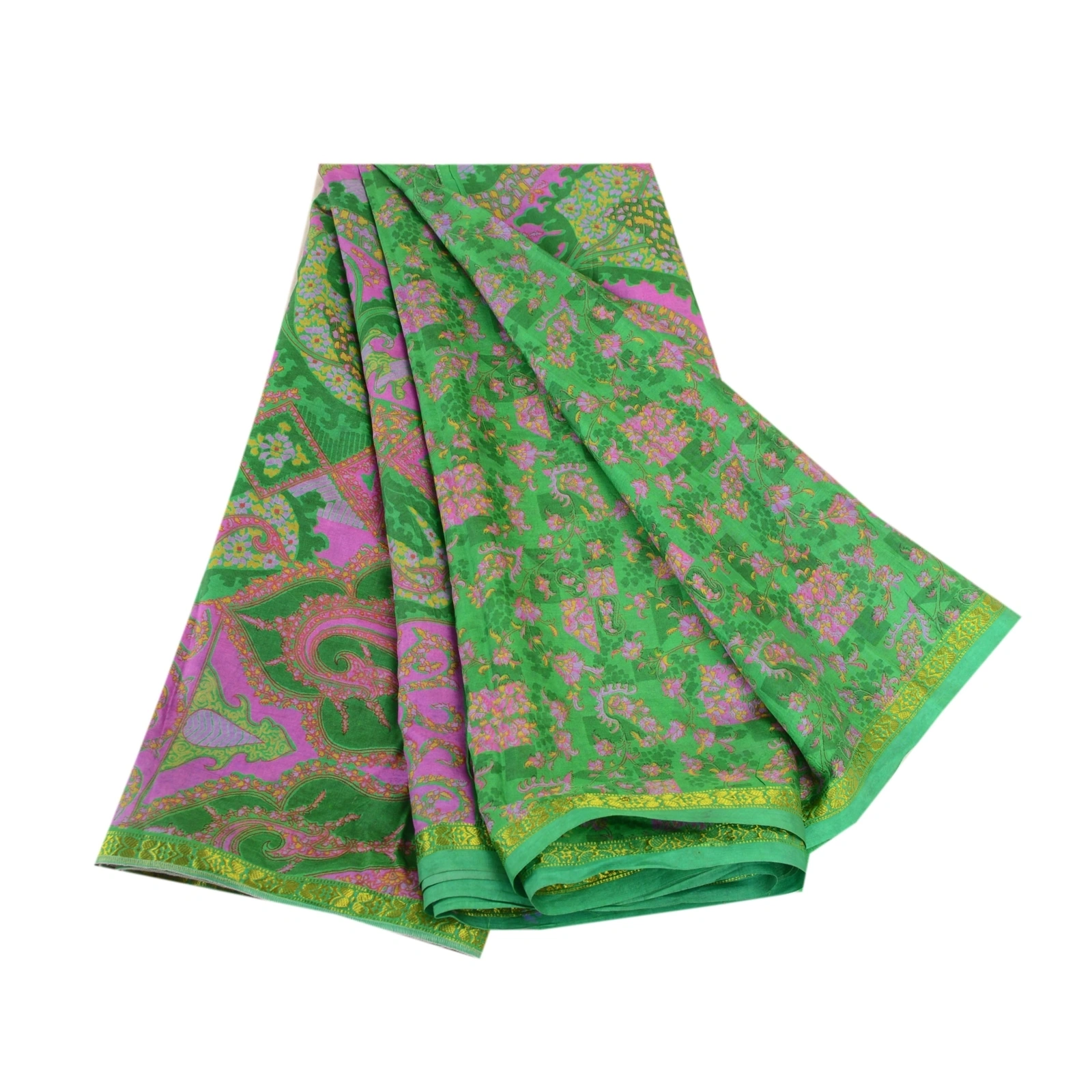 Sanskriti Vintage Green Sarees 100% Pure Silk Printed Sari Floral Craft Fabric, PR-59037-Green-Printed Floral Design-Pure Silk-6