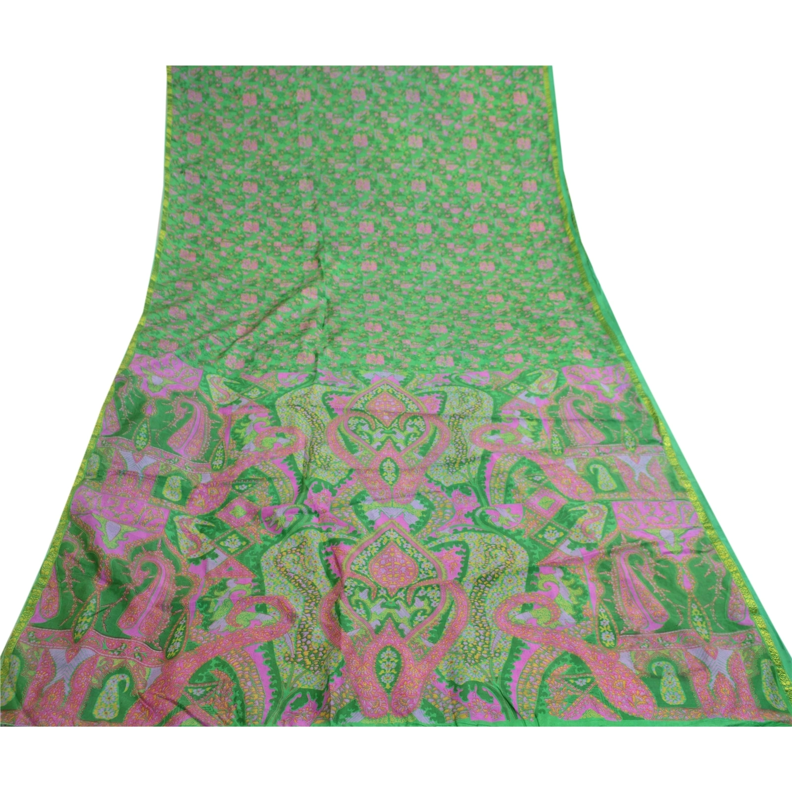 Sanskriti Vintage Green Sarees 100% Pure Silk Printed Sari Floral Craft Fabric, PR-59037-Green-Printed Floral Design-Pure Silk-7