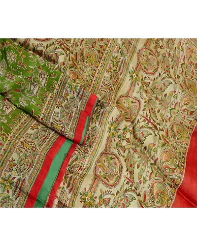 Sanskriti Vintage Green Sarees 100% Pure Silk Peacock Printed Sari Craft Fabric, PR-59055-Green-Printed Floral Design-Pure Silk-1