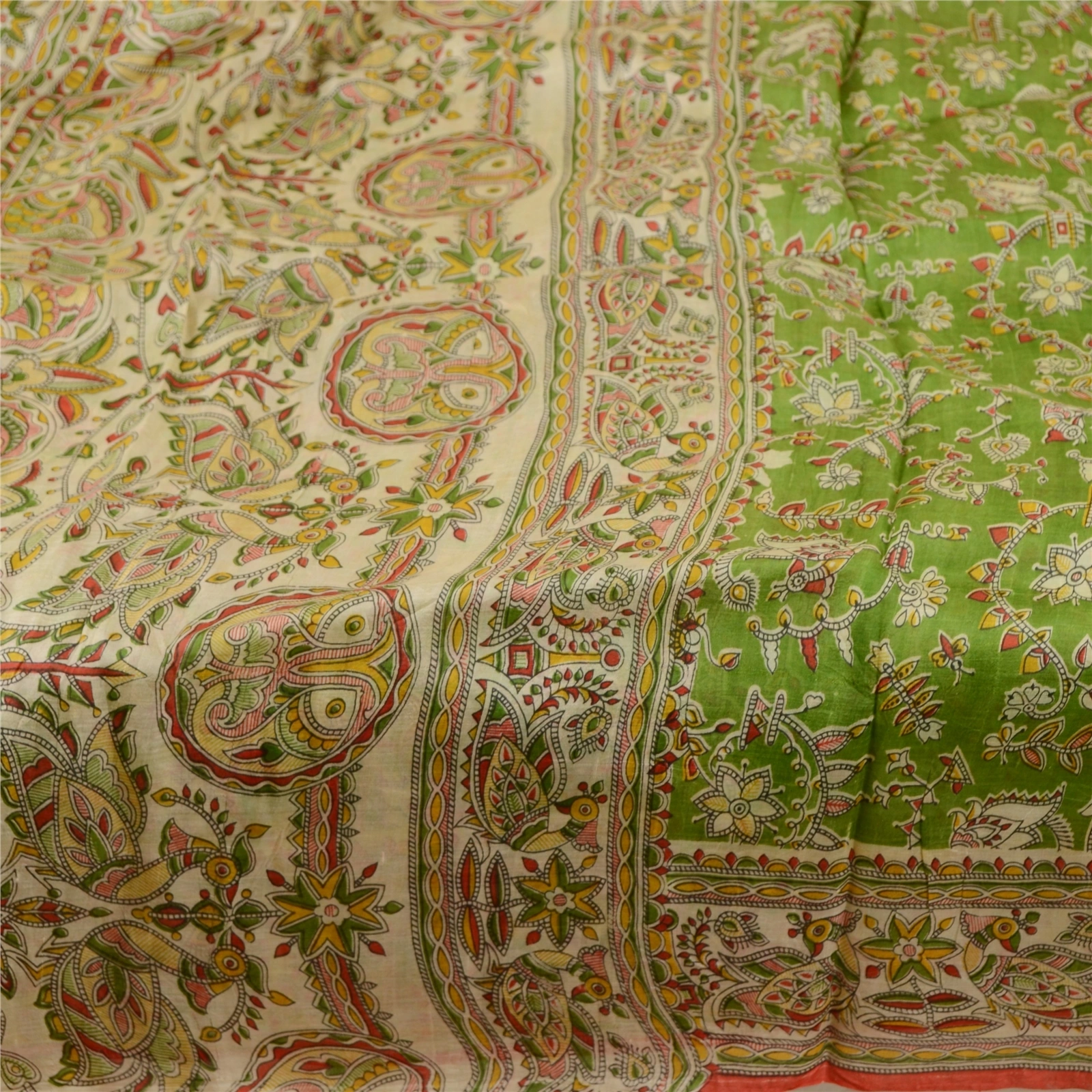 Sanskriti Vintage Green Sarees 100% Pure Silk Peacock Printed Sari Craft Fabric, PR-59055-Green-Printed Floral Design-Pure Silk-3