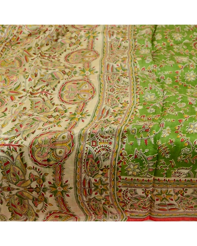 Sanskriti Vintage Green Sarees 100% Pure Silk Peacock Printed Sari Craft Fabric, PR-59055-Green-Printed Floral Design-Pure Silk-3