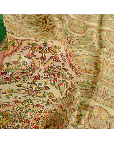 Sanskriti Vintage Green Sarees 100% Pure Silk Peacock Printed Sari Craft Fabric, PR-59055-Green-Printed Floral Design-Pure Silk-5
