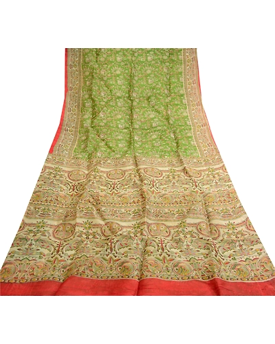 Sanskriti Vintage Green Sarees 100% Pure Silk Peacock Printed Sari Craft Fabric, PR-59055-Green-Printed Floral Design-Pure Silk-7