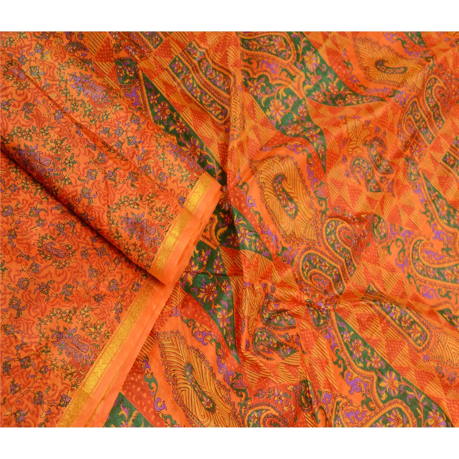 Sanskriti Vintage Orange Indian Sarees Art Silk Printed Sari 5Yd Craft Fabric, PR-59058-Orange-Printed Floral Design-Art Silk-1