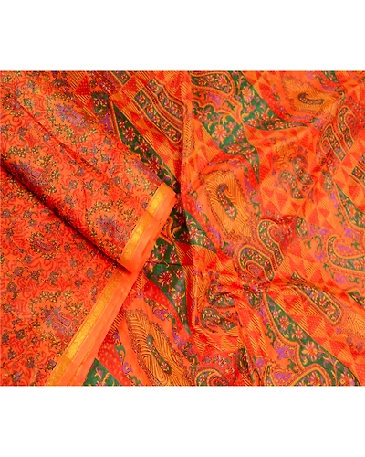 Sanskriti Vintage Orange Indian Sarees Art Silk Printed Sari 5Yd Craft Fabric, PR-59058-Orange-Printed Floral Design-Art Silk-1