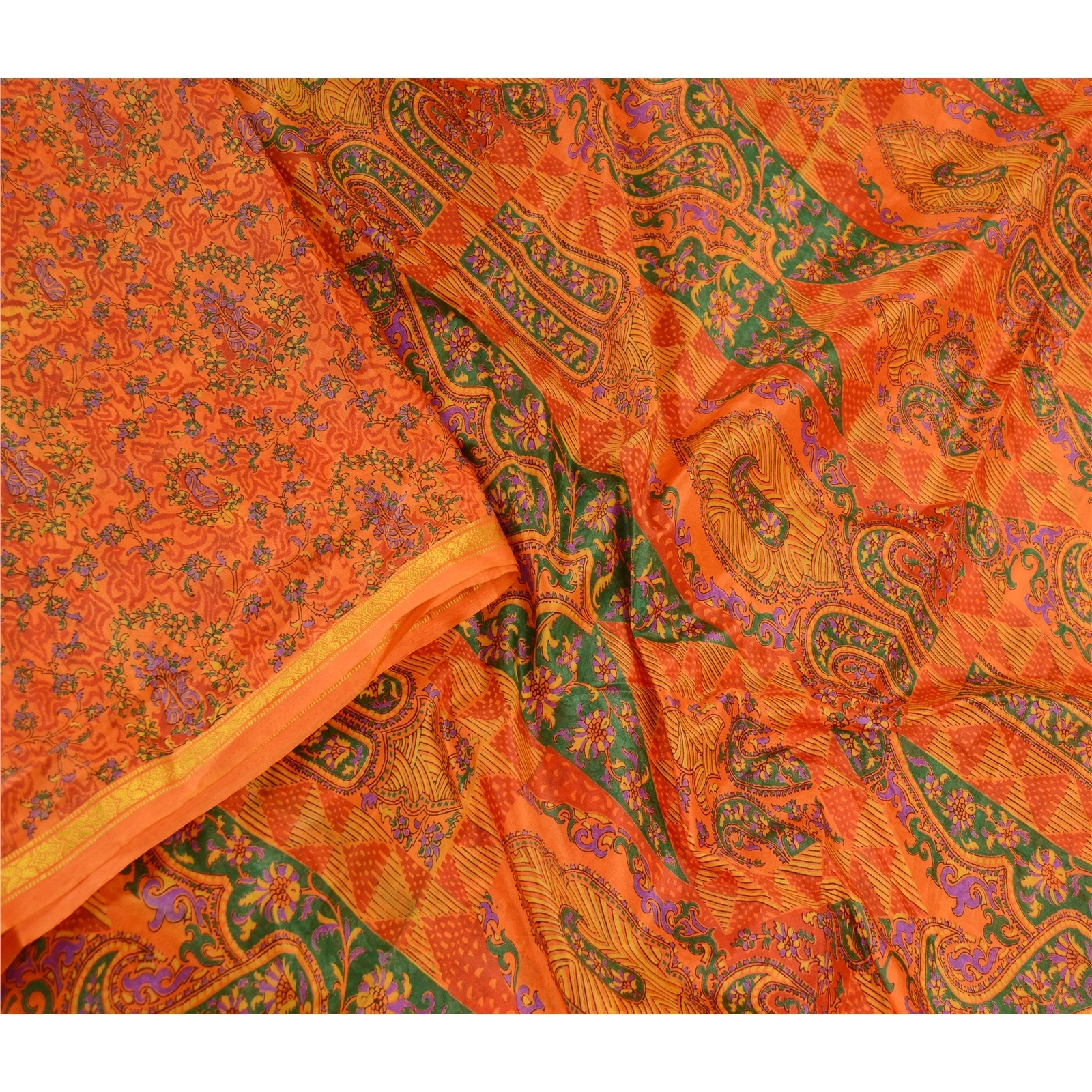 Sanskriti Vintage Orange Indian Sarees Art Silk Printed Sari 5Yd Craft Fabric, PR-59058-Orange-Printed Floral Design-Art Silk-2