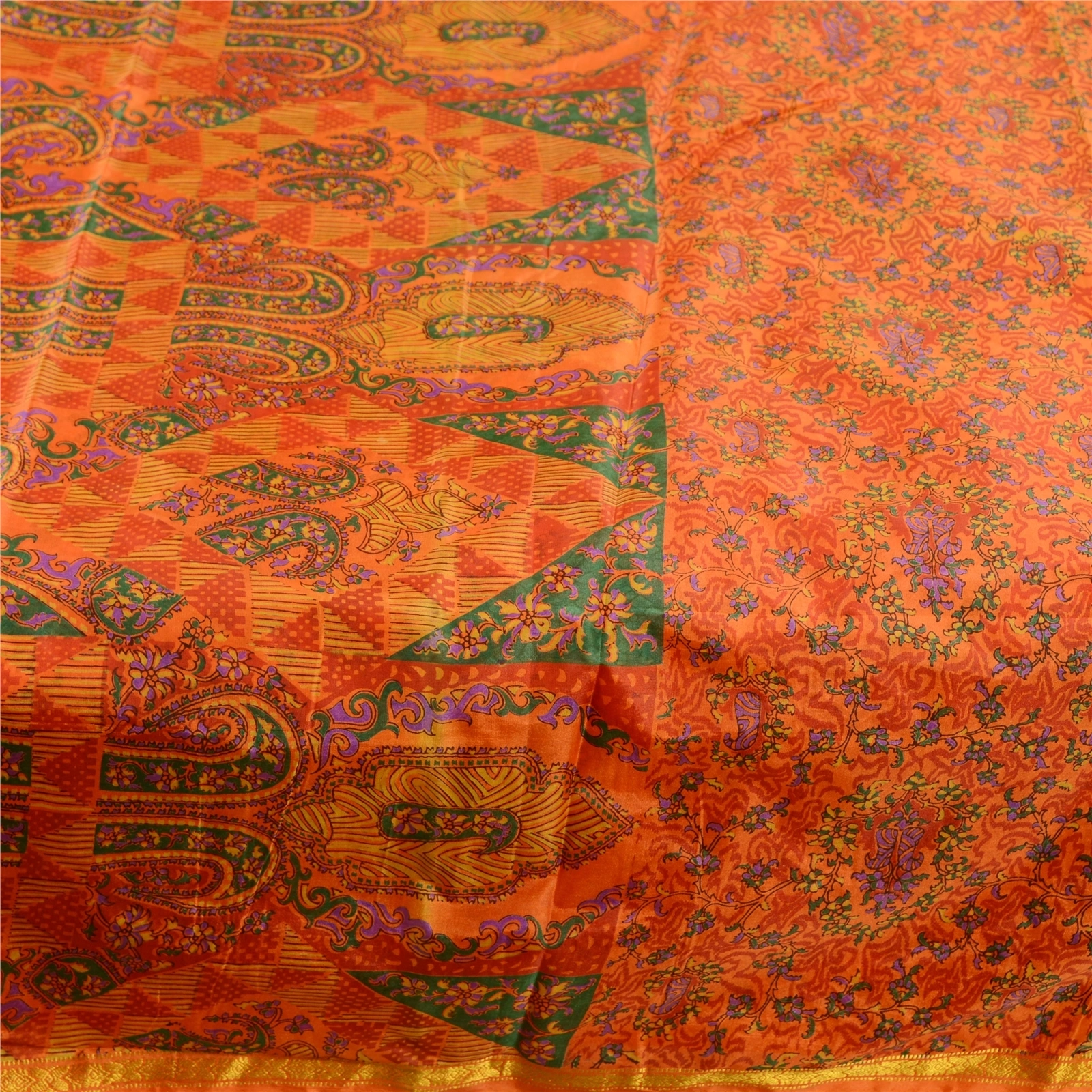 Sanskriti Vintage Orange Indian Sarees Art Silk Printed Sari 5Yd Craft Fabric, PR-59058-Orange-Printed Floral Design-Art Silk-3