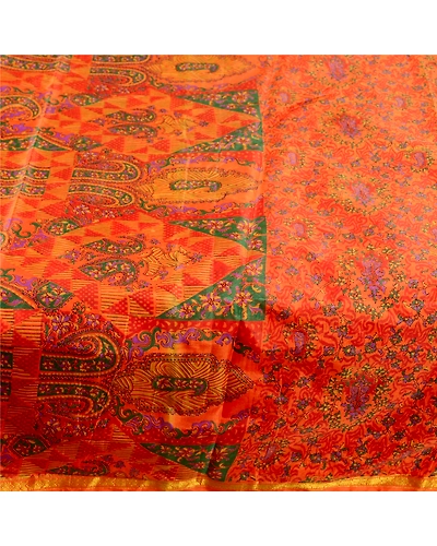 Sanskriti Vintage Orange Indian Sarees Art Silk Printed Sari 5Yd Craft Fabric, PR-59058-Orange-Printed Floral Design-Art Silk-3