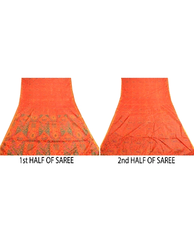 Sanskriti Vintage Orange Indian Sarees Art Silk Printed Sari 5Yd Craft Fabric, PR-59058-Orange-Printed Floral Design-Art Silk-4
