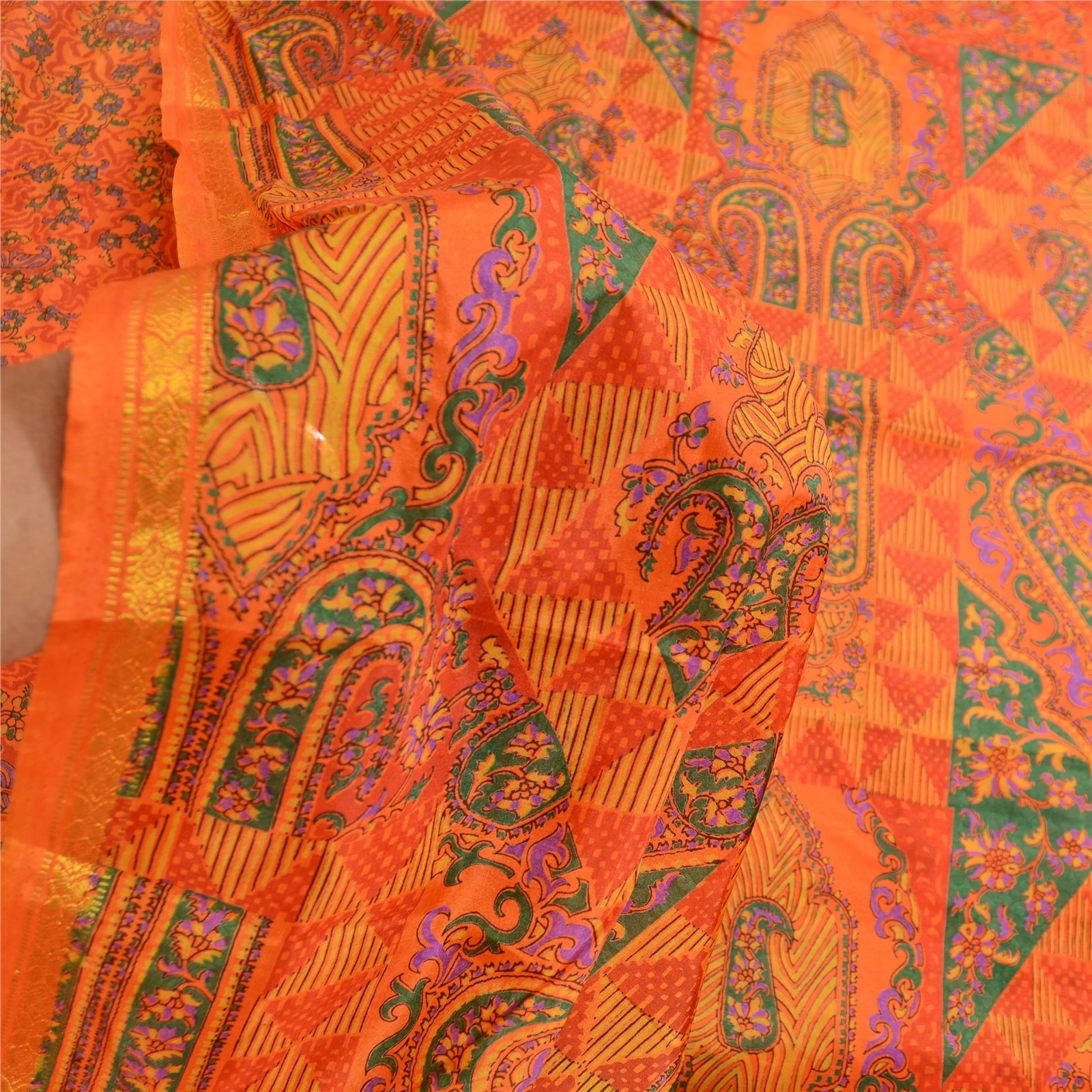 Sanskriti Vintage Orange Indian Sarees Art Silk Printed Sari 5Yd Craft Fabric, PR-59058-Orange-Printed Floral Design-Art Silk-5