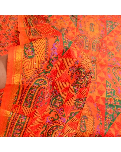 Sanskriti Vintage Orange Indian Sarees Art Silk Printed Sari 5Yd Craft Fabric, PR-59058-Orange-Printed Floral Design-Art Silk-5