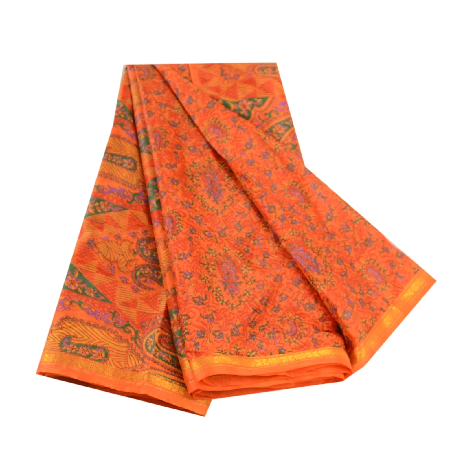 Sanskriti Vintage Orange Indian Sarees Art Silk Printed Sari 5Yd Craft Fabric, PR-59058-Orange-Printed Floral Design-Art Silk-6