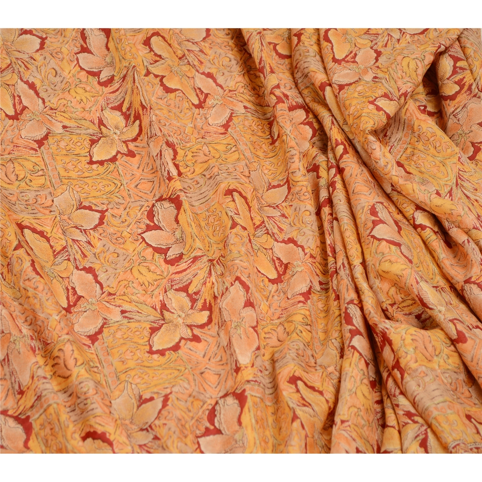 Sanskriti Vintage Orange Indian Sarees Pure Silk Printed Sari Soft Craft Fabric, PR-59071-Orange-Printed Floral Design-Pure Silk-1