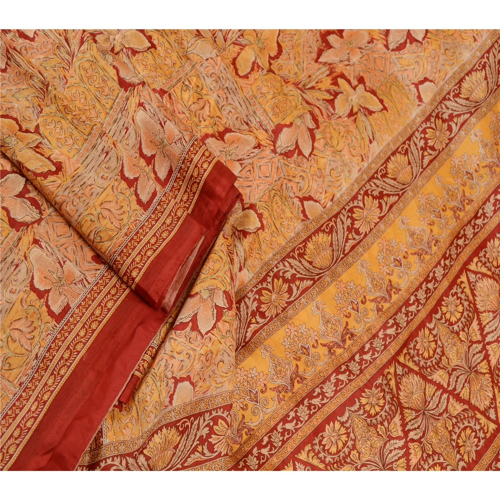 Sanskriti Vintage Orange Indian Sarees Pure Silk Printed Sari Soft Craft Fabric, PR-59071-Orange-Printed Floral Design-Pure Silk-2