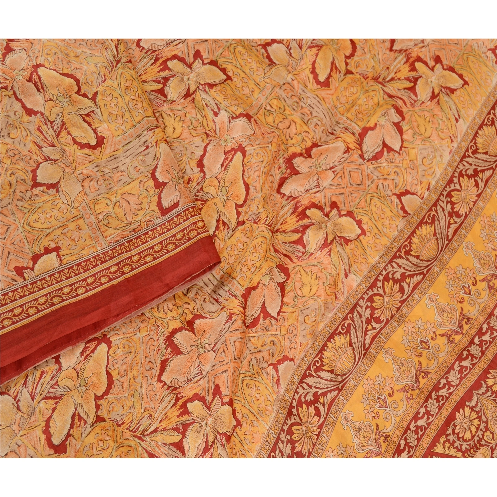 Sanskriti Vintage Orange Indian Sarees Pure Silk Printed Sari Soft Craft Fabric, PR-59071-Orange-Printed Floral Design-Pure Silk-3