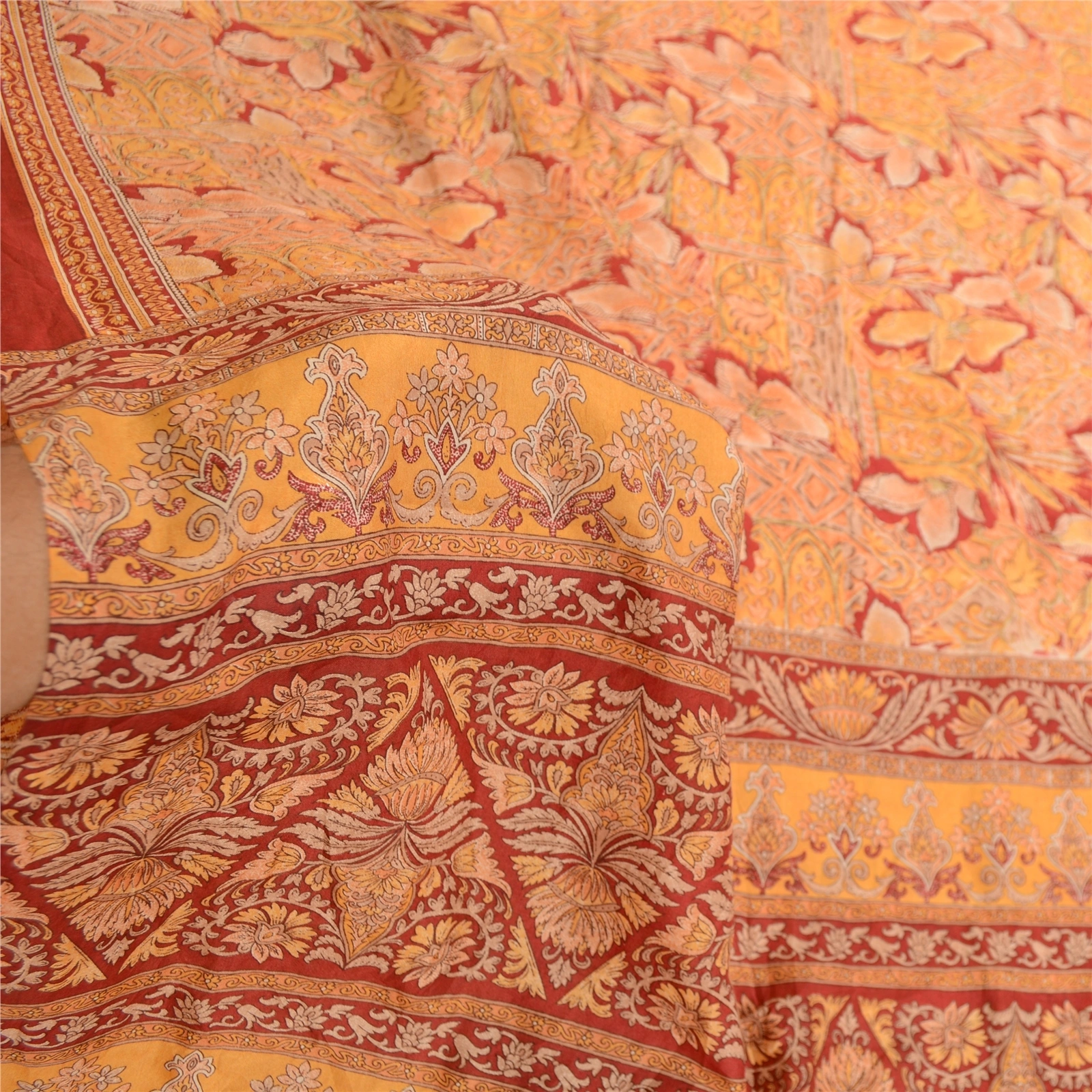 Sanskriti Vintage Orange Indian Sarees Pure Silk Printed Sari Soft Craft Fabric, PR-59071-Orange-Printed Floral Design-Pure Silk-6