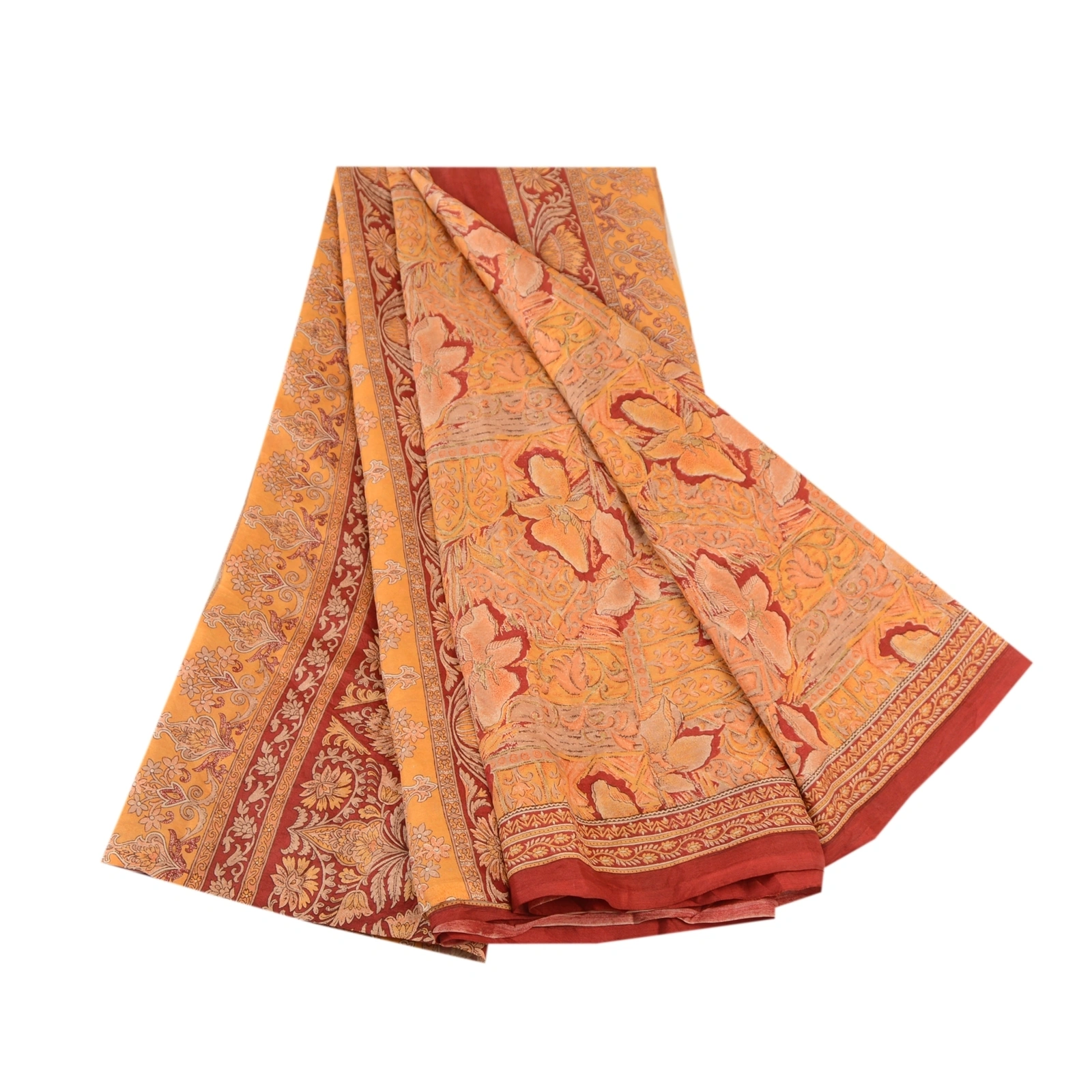 Sanskriti Vintage Orange Indian Sarees Pure Silk Printed Sari Soft Craft Fabric, PR-59071-Orange-Printed Floral Design-Pure Silk-7