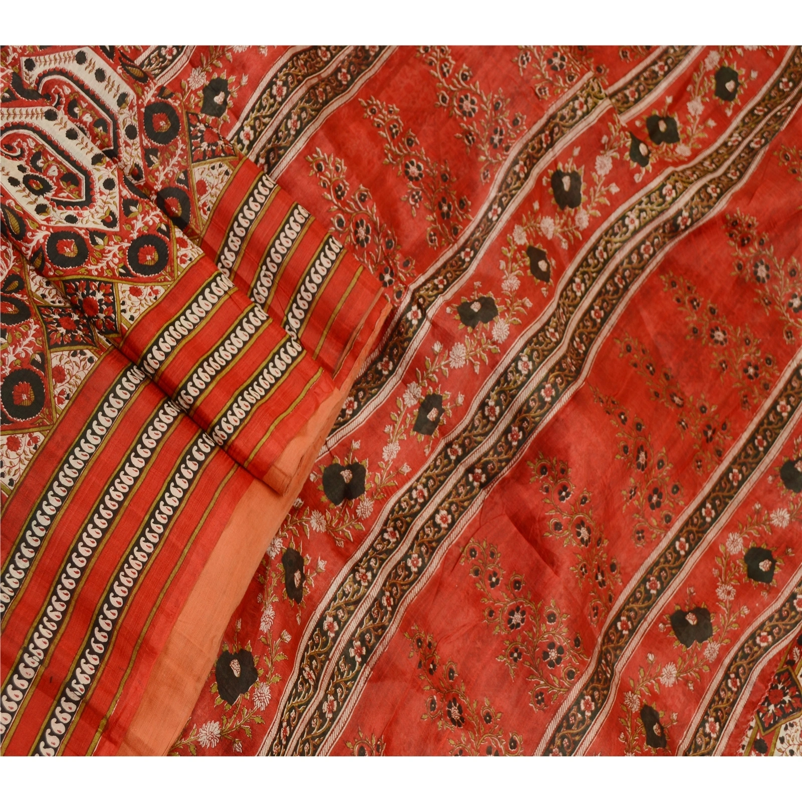 Sanskriti Vintage Red Indian Sarees Pure Silk Printed Sari Soft 5Yd Craft Fabric, PR-59074-Red-Printed Floral Design-Pure Silk-1