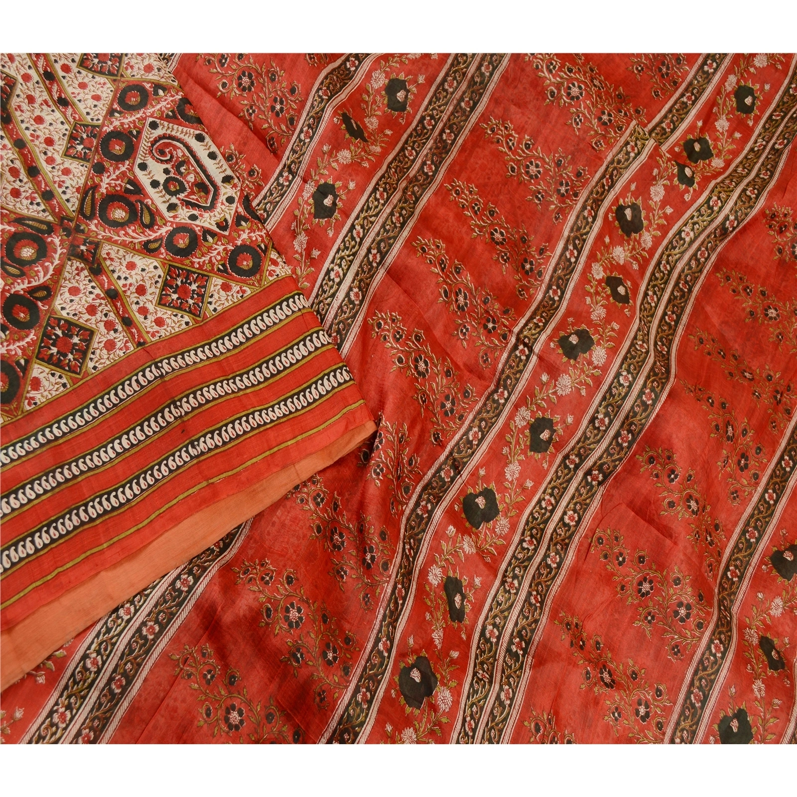 Sanskriti Vintage Red Indian Sarees Pure Silk Printed Sari Soft 5Yd Craft Fabric, PR-59074-Red-Printed Floral Design-Pure Silk-2