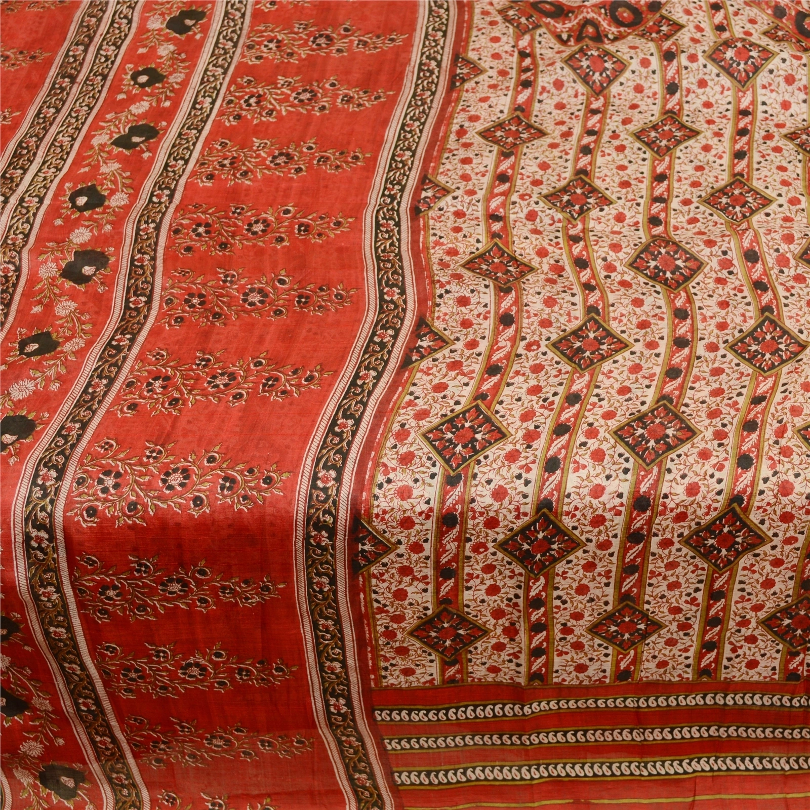 Sanskriti Vintage Red Indian Sarees Pure Silk Printed Sari Soft 5Yd Craft Fabric, PR-59074-Red-Printed Floral Design-Pure Silk-3