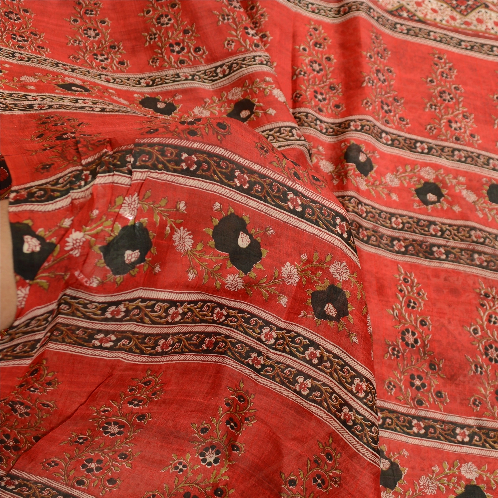 Sanskriti Vintage Red Indian Sarees Pure Silk Printed Sari Soft 5Yd Craft Fabric, PR-59074-Red-Printed Floral Design-Pure Silk-5