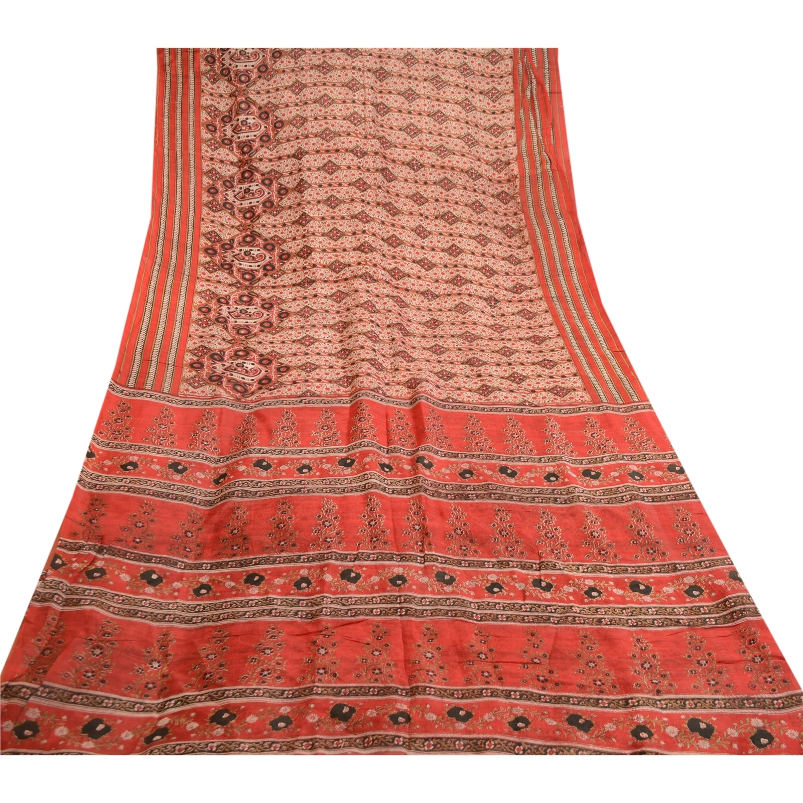 Sanskriti Vintage Red Indian Sarees Pure Silk Printed Sari Soft 5Yd Craft Fabric, PR-59074-Red-Printed Floral Design-Pure Silk-7