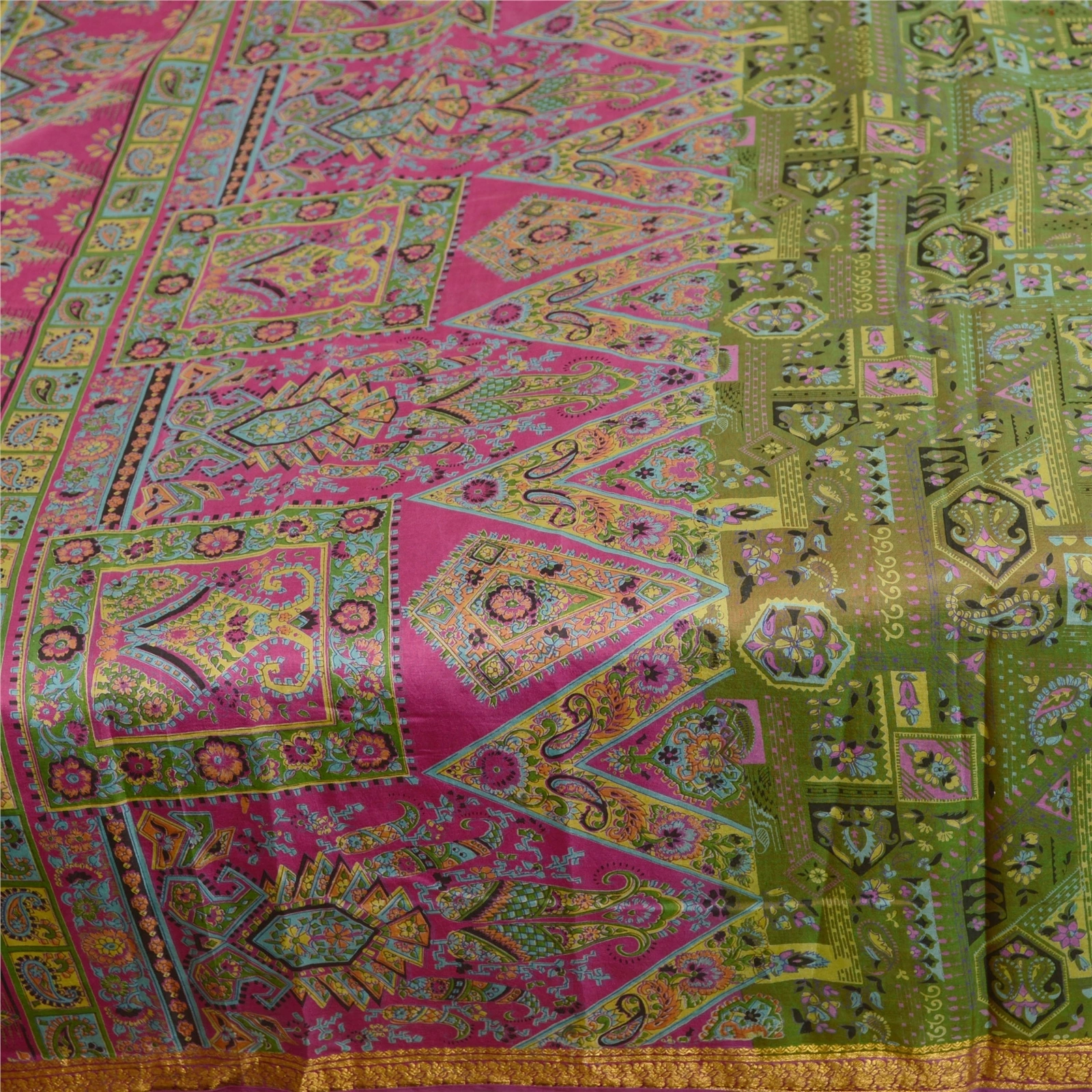 Sanskriti Vintage Green Sarees Pure Silk Printed Zari Border Sari Craft Fabric, PR-59082-Green-Printed Floral Design-Pure Silk-3