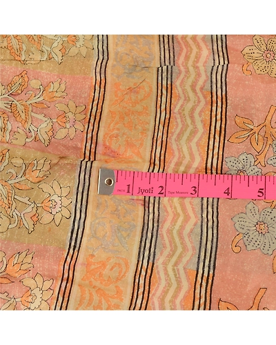 Sanskriti Vintage Peach Sarees Indian Pure Silk Printed Sari Floral Craft Fabric, PR-59084-Peach-Printed Floral Design-Pure Silk-1
