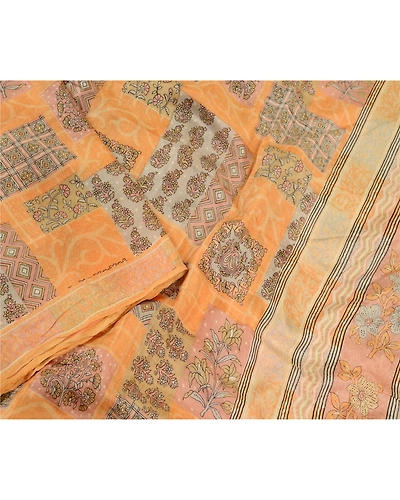 Sanskriti Vintage Peach Sarees Indian Pure Silk Printed Sari Floral Craft Fabric, PR-59084-Peach-Printed Floral Design-Pure Silk-2