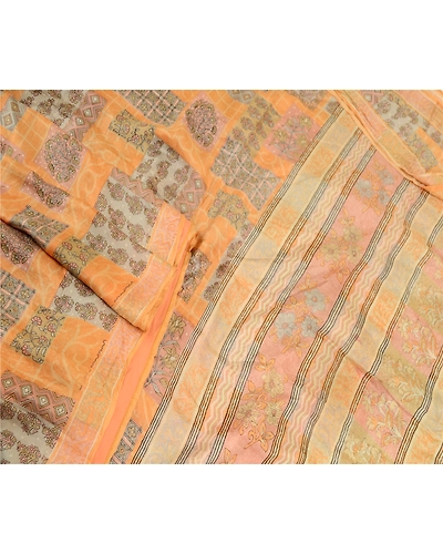 Sanskriti Vintage Peach Sarees Indian Pure Silk Printed Sari Floral Craft Fabric, PR-59084-Peach-Printed Floral Design-Pure Silk-3