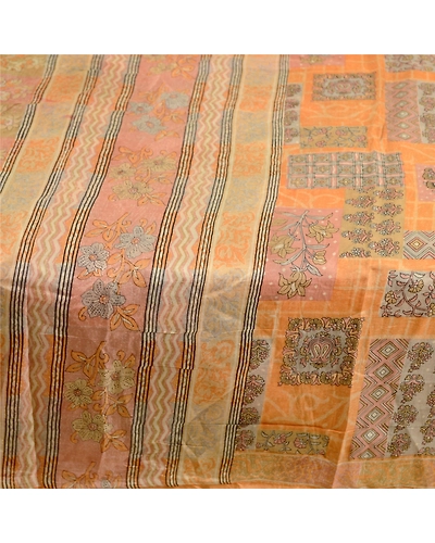 Sanskriti Vintage Peach Sarees Indian Pure Silk Printed Sari Floral Craft Fabric, PR-59084-Peach-Printed Floral Design-Pure Silk-4