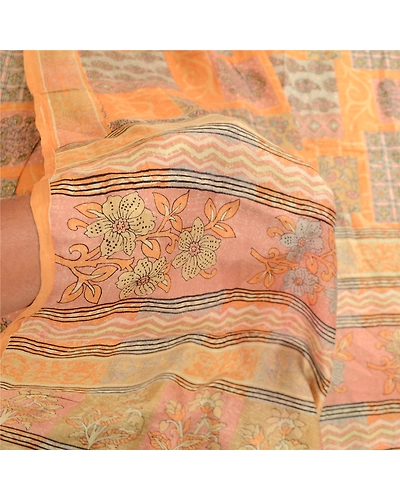 Sanskriti Vintage Peach Sarees Indian Pure Silk Printed Sari Floral Craft Fabric, PR-59084-Peach-Printed Floral Design-Pure Silk-6