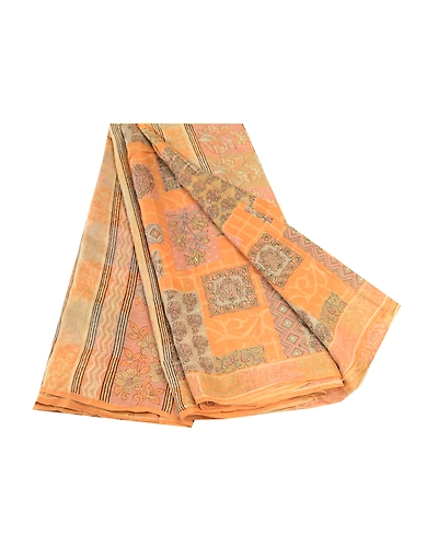 Sanskriti Vintage Peach Sarees Indian Pure Silk Printed Sari Floral Craft Fabric, PR-59084-Peach-Printed Floral Design-Pure Silk-7