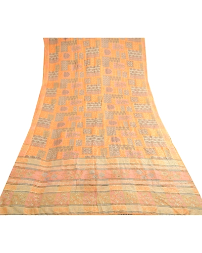Sanskriti Vintage Peach Sarees Indian Pure Silk Printed Sari Floral Craft Fabric, PR-59084-Peach-Printed Floral Design-Pure Silk-8