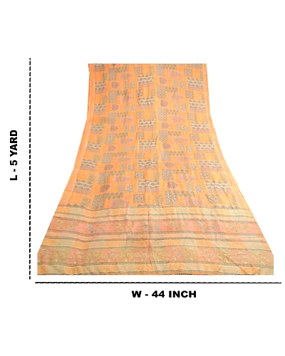 Sanskriti Vintage Peach Sarees Indian Pure Silk Printed Sari Floral Craft Fabric, PR-59084-Peach-Printed Floral Design-Pure Silk-9