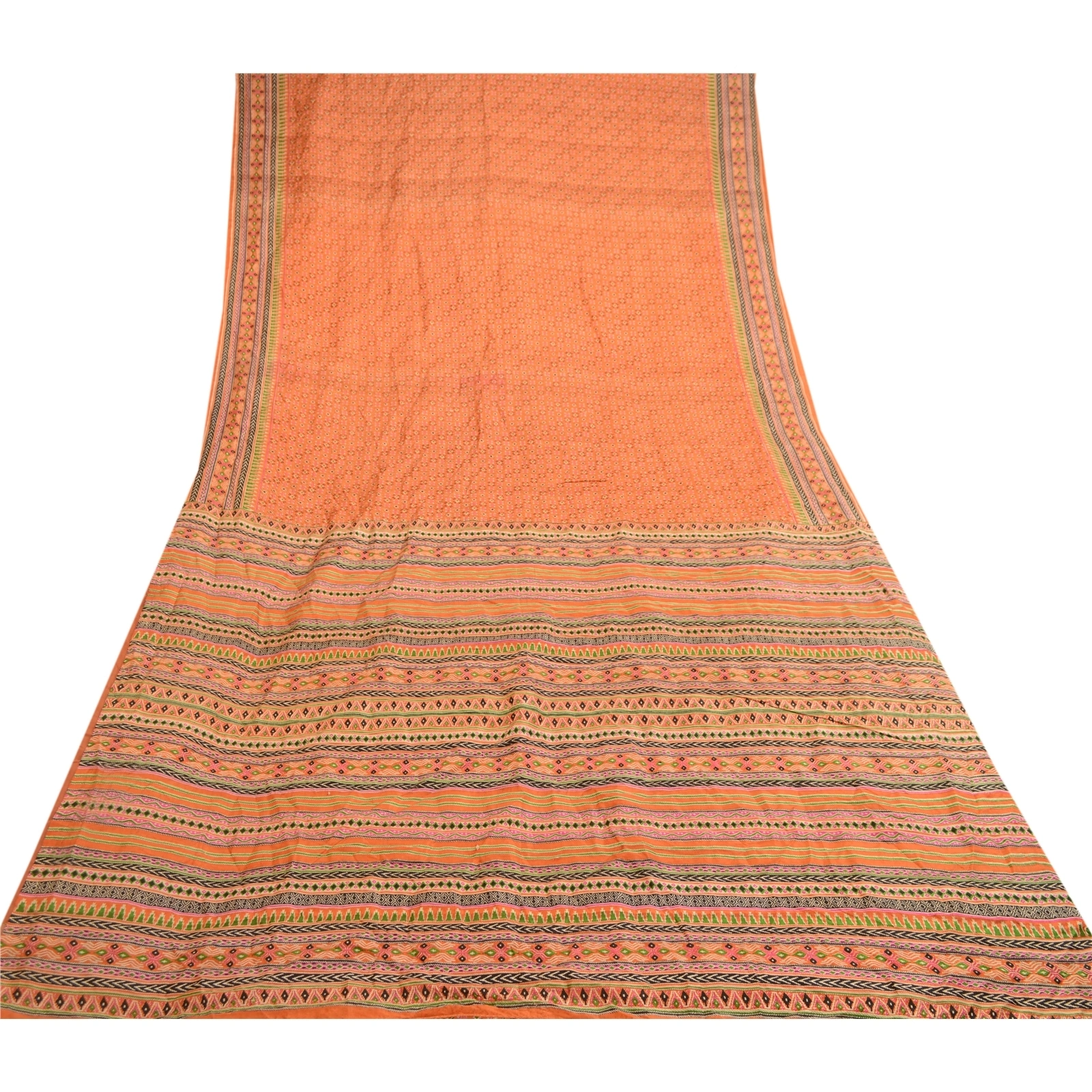 Sanskriti Vintage Peach Indian Sarees Pure Silk Printed Sari 5Yd Craft Fabric, PR-59133-Peach-Printed Floral Design-Pure Silk-8