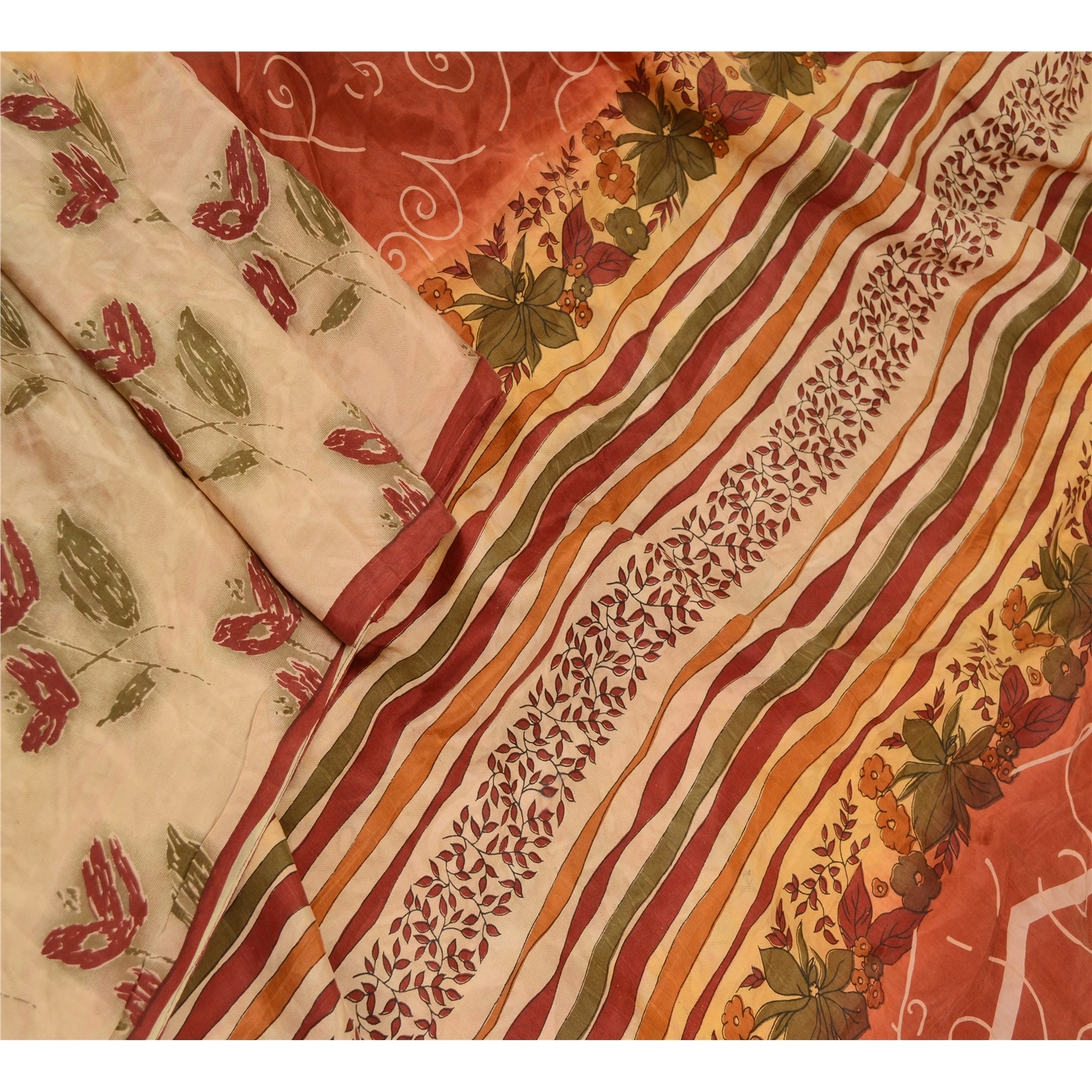 Sanskriti Vintage Cream Sarees 100% Pure Silk Printed Floral Sari Craft Fabric, PR-59164-Cream-Printed Floral Design-Pure Silk-2