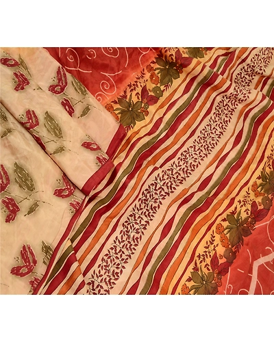 Sanskriti Vintage Cream Sarees 100% Pure Silk Printed Floral Sari Craft Fabric, PR-59164-Cream-Printed Floral Design-Pure Silk-2