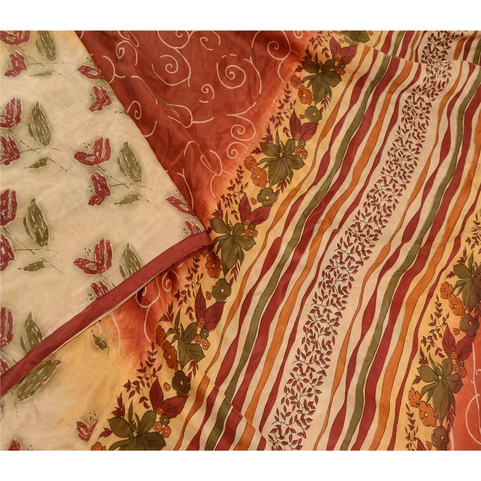 Sanskriti Vintage Cream Sarees 100% Pure Silk Printed Floral Sari Craft Fabric, PR-59164-Cream-Printed Floral Design-Pure Silk-3