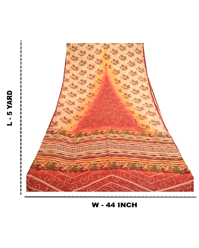 Sanskriti Vintage Cream Sarees 100% Pure Silk Printed Floral Sari Craft Fabric, PR-59164-Cream-Printed Floral Design-Pure Silk-9