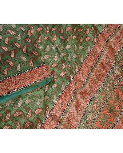 Sanskriti Vintage Green Sarees Indian Pure Silk Printed Sari Soft Craft Fabric, PR-59171-Green-Printed Floral Design-Pure Silk-2