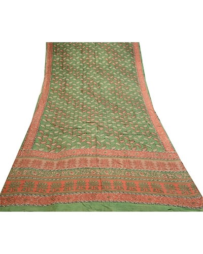 Sanskriti Vintage Green Sarees Indian Pure Silk Printed Sari Soft Craft Fabric, PR-59171-Green-Printed Floral Design-Pure Silk-7