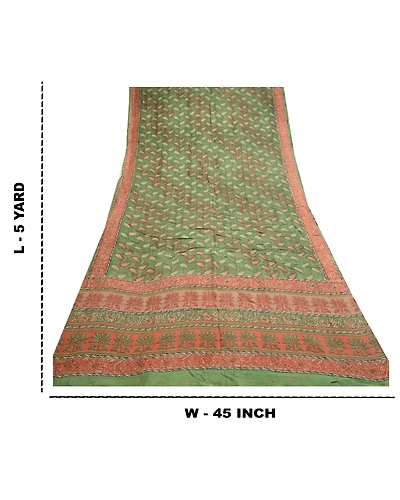 Sanskriti Vintage Green Sarees Indian Pure Silk Printed Sari Soft Craft Fabric, PR-59171-Green-Printed Floral Design-Pure Silk-8