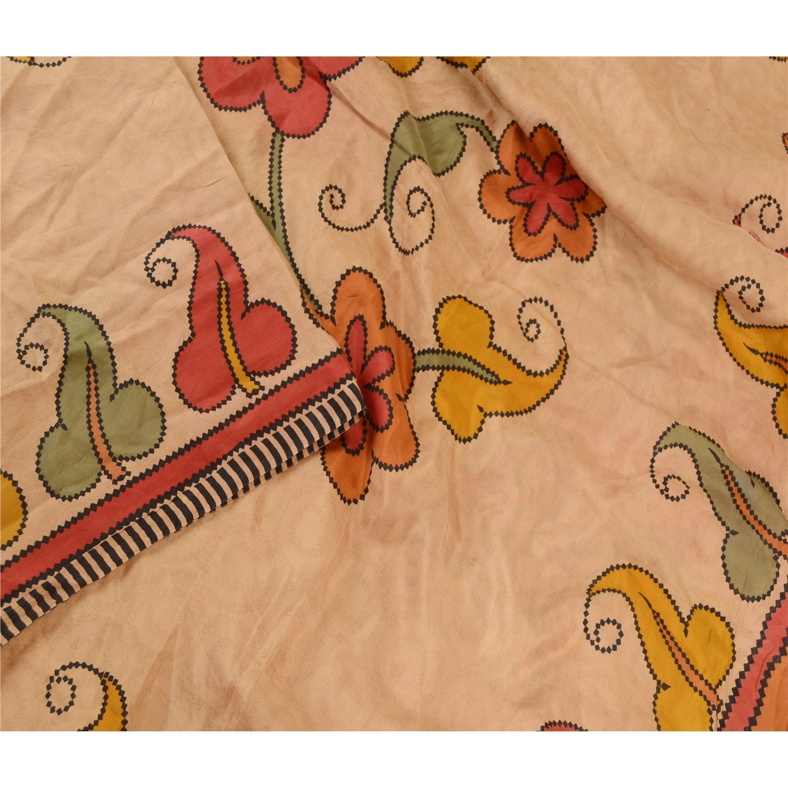 Sanskriti Vintage Light Brown Sarees 100% Pure Silk Printed Sari Craft Fabric, PR-59176-Light Brown-Printed Floral Design-Pure Silk-2