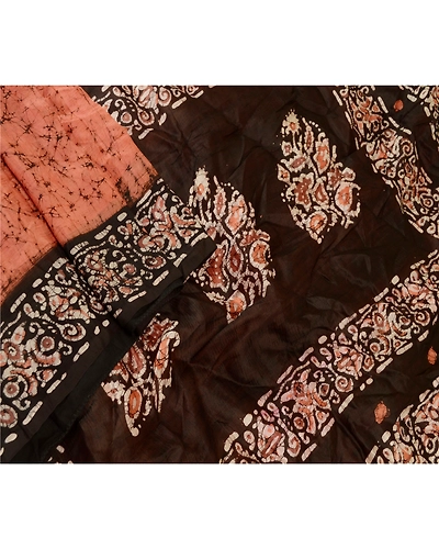 Sanskriti Vintage Peach Batik Sarees 100% Pure Silk Printed Sari Craft Fabric, PR-59177-Peach-Printed Floral Design-Pure Silk-1
